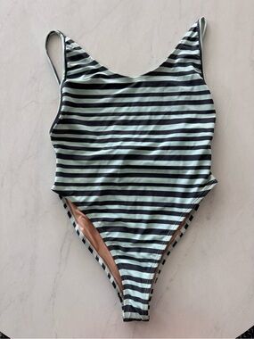 Pura Vida mint and blue Striped High Cut One Piece Swimsuit Lined Stretch M